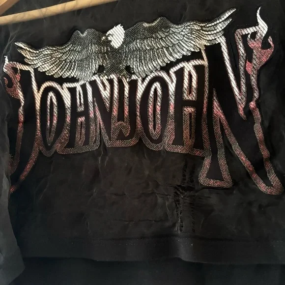 JOHNJOHN Distressed Black Mesh Graphic Crop Top with Eagle Wings - Picture 5 of 7